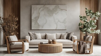 Contemporary Living Room Interior with Earthy Tones and Modern Art Decor : Generative AI