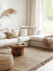 Modern Scandinavian Living Room with Neutral Tones and Natural Textures : Generative AI