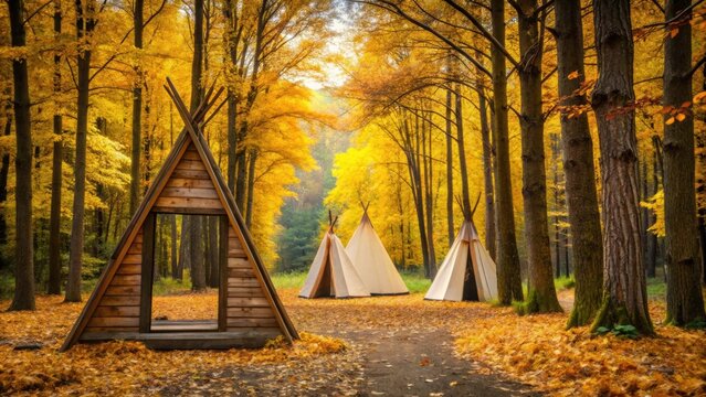 Wooden frame for national wigwams in yellow autumn forest, under view, wooden frame, national wigwams, yellow, autumn