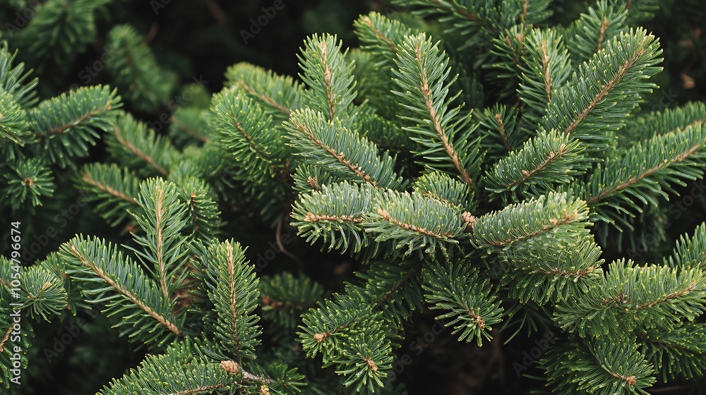 Poster lush green pine needles in a dense evergreen forest environment : generative ai