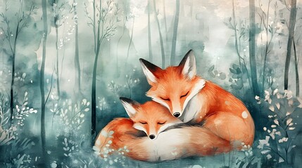 Pastel-colored foxes cuddling in a soft watercolor forest scene