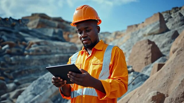 A tablet is being used by a young Black African mining construction worker.
