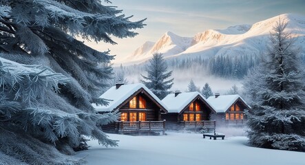 Fototapeta premium Snow-covered trees, cozy cabins, frosty mountains, festive winter atmosphere