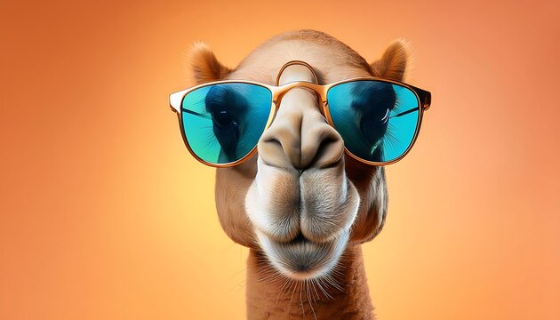 Creative animal concept. Camel in sunglass shade glasses isolated on solid pastel background