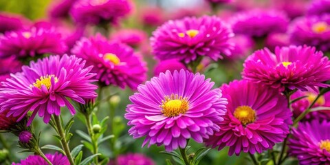 Vibrant magenta asters blooming in a carefully planted flowerbed, blooms, garden, colorful, plants, nature, spring, summer