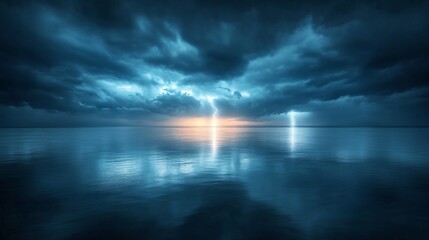 Obraz premium A dark storm brewing over a calm ocean, with lightning striking far off in the distance