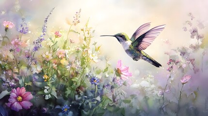 Watercolor hummingbird in a soft pastel garden of flowers and gentle light