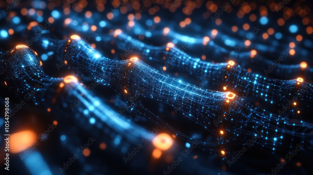 Poster abstract digital landscape with glowing lines and data points.