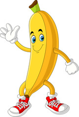 Cartoon happy banana mascot character waving hand