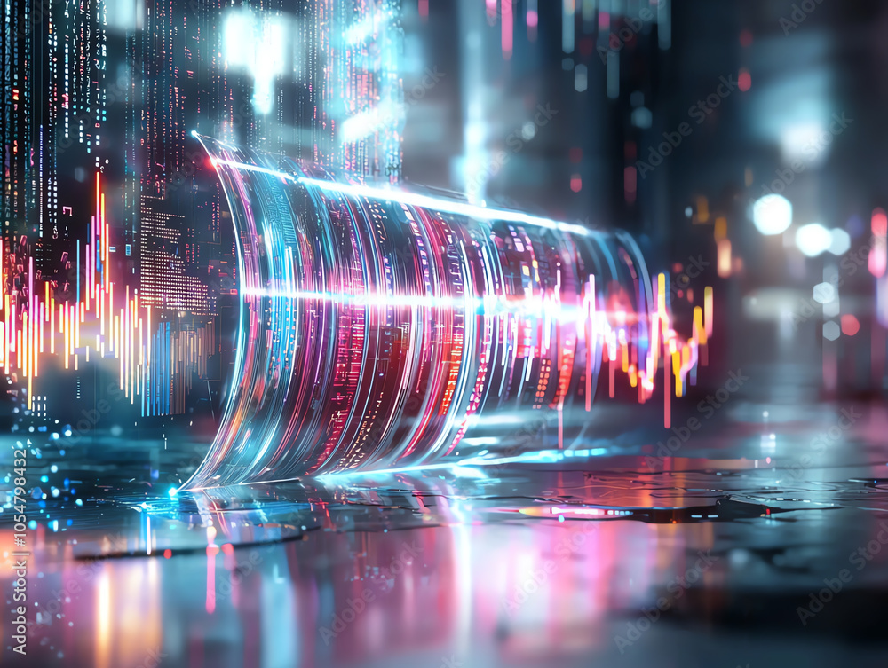 Poster exploring the future of finance ai-powered strategies visualized through neon digital charts and hig