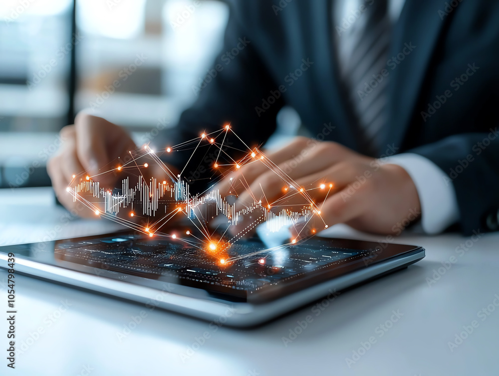 Poster exploring the future of financial strategies through high-tech ai and digital analytics in the busin
