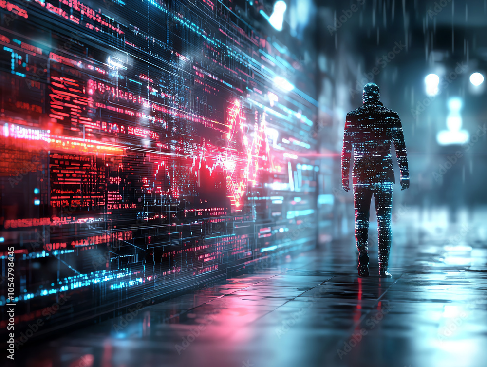 Poster exploring ai financial strategies the intersection of high-tech analytics and neon digital charts in