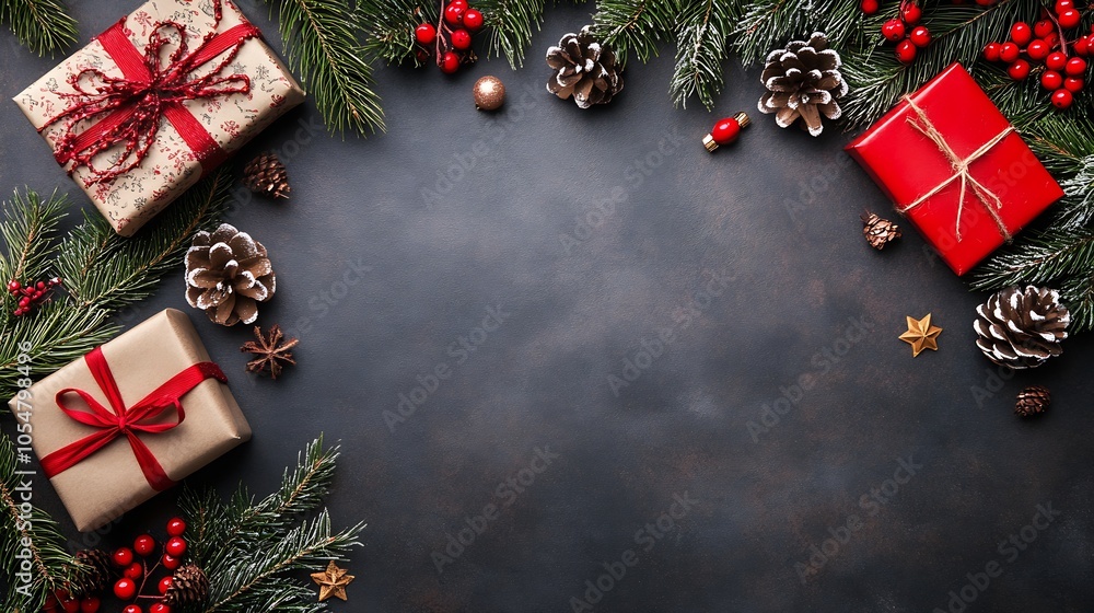 Poster Rustic Christmas Gift Box and Pine Cones on a Dark Stone Background : Generative AI
