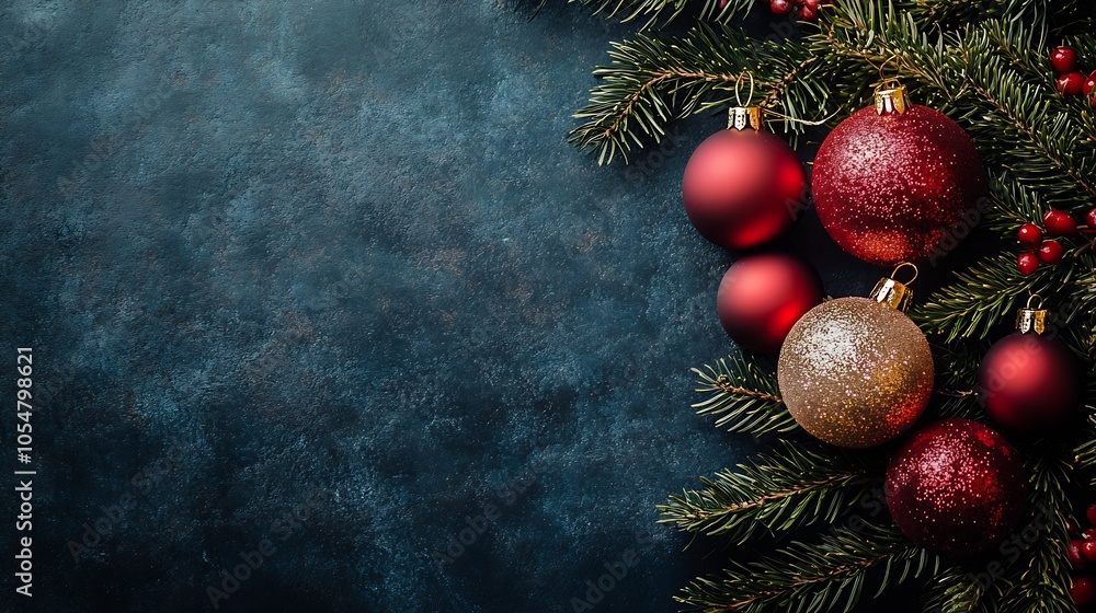 Poster elegant christmas background with red baubles and greenery on textured dark surface : generative ai