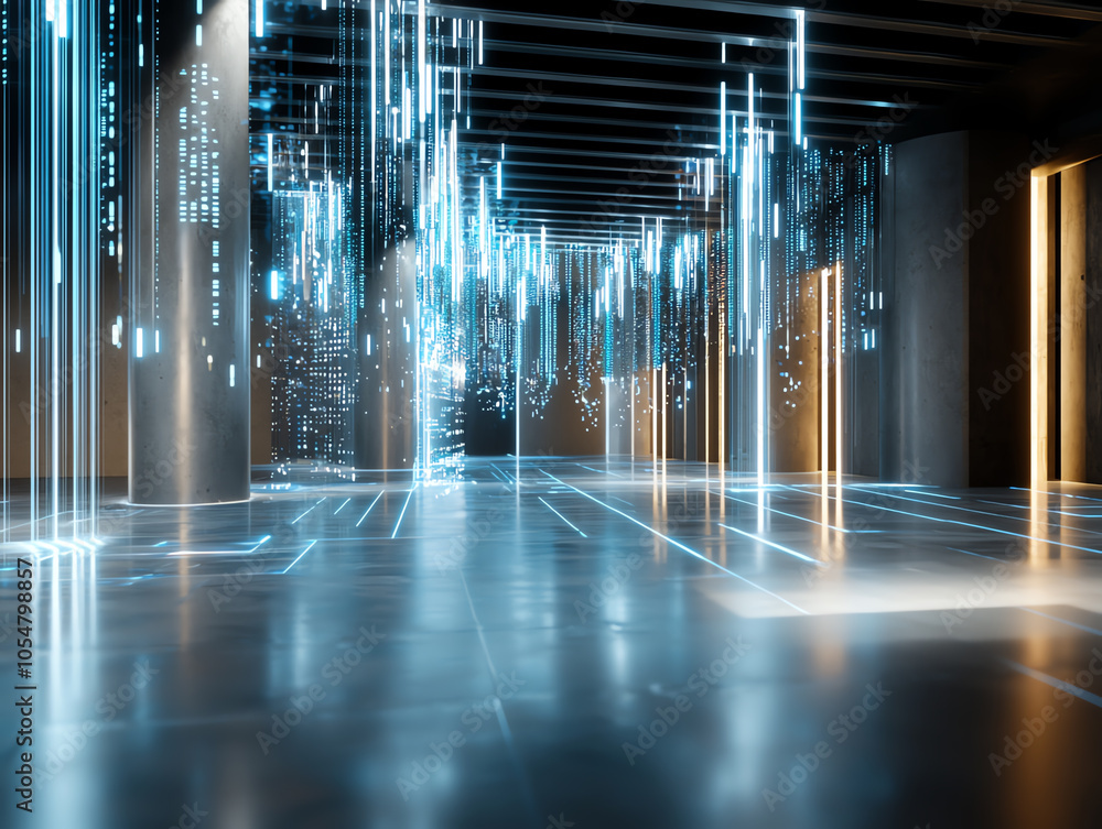 Poster exploring the future of corporate growth through dynamic blue graphs in an innovative digital space