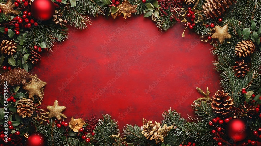 Poster festive christmas wreath with pinecones and berries on a red background : generative ai