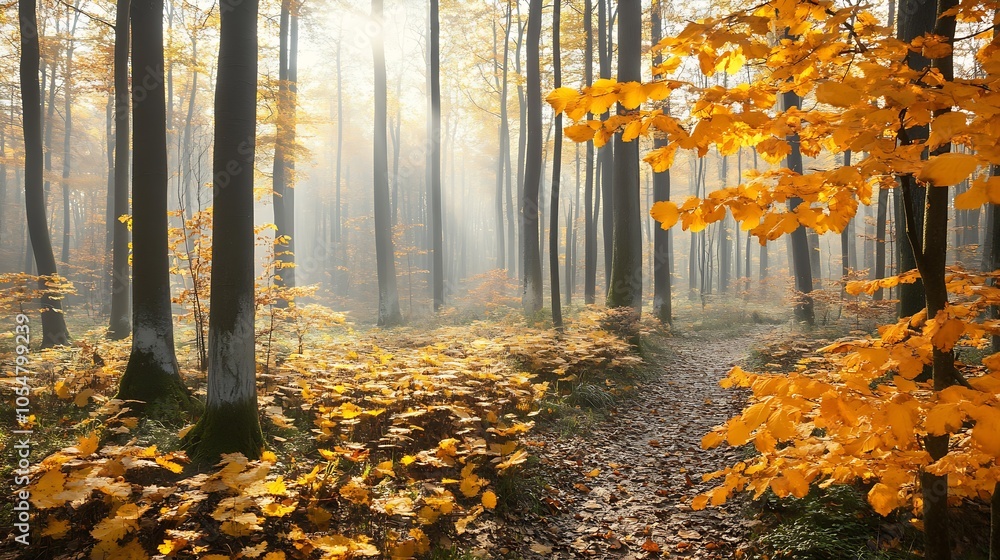 Aufkleber tranquil autumn forest path with golden foliage and sunlight breaking through trees : generative ai