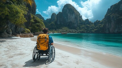 A wheelchair user enjoys a scenic beach view near mountains and water during a sunny day