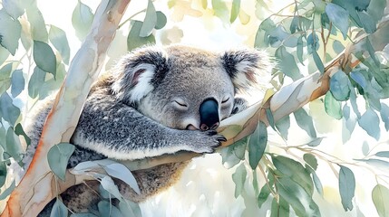Soft pastel-colored watercolor koala sleeping in a gentle eucalyptus tree