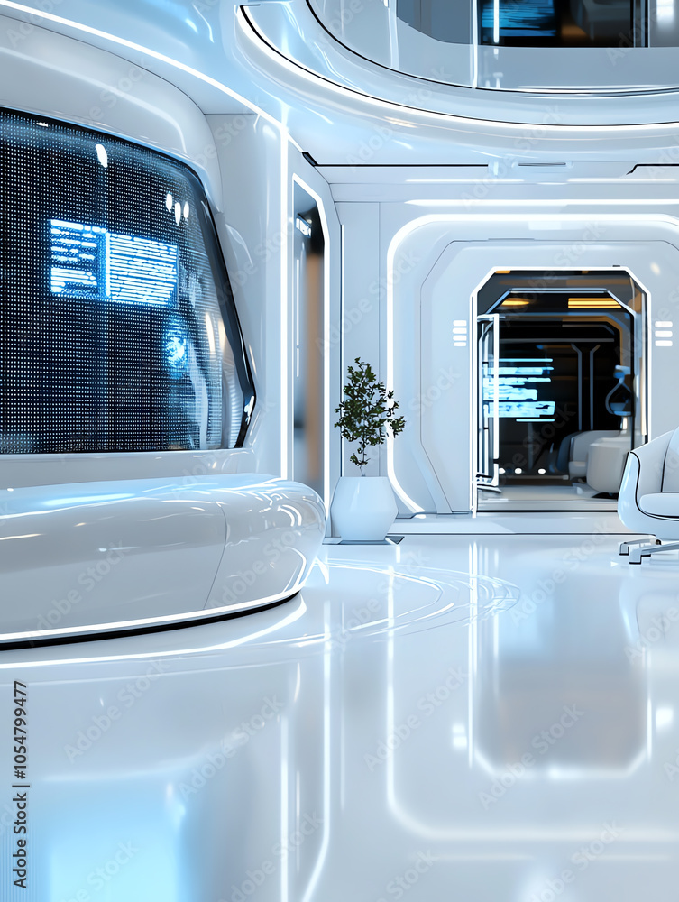 Poster exploring the future of innovation a futuristic workspace designed for growth strategies and technol