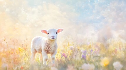 Watercolor baby lamb in a field of pastel flowers under a soft watercolor sky