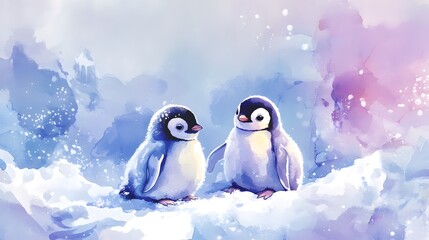 Soft watercolor of pastel-colored baby penguins playing in the snow under a dreamy sky
