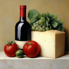 A still life featuring a bottle of wine, cheese, tomatoes, and grapes.