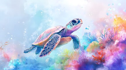 Watercolor baby turtle in a soft pastel-colored underwater world with gentle coral