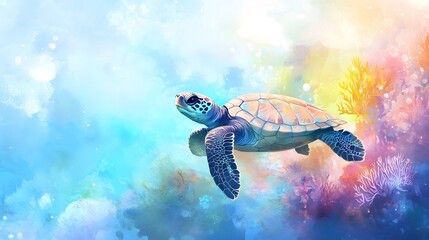 Watercolor baby turtle in a soft pastel-colored underwater world with gentle coral