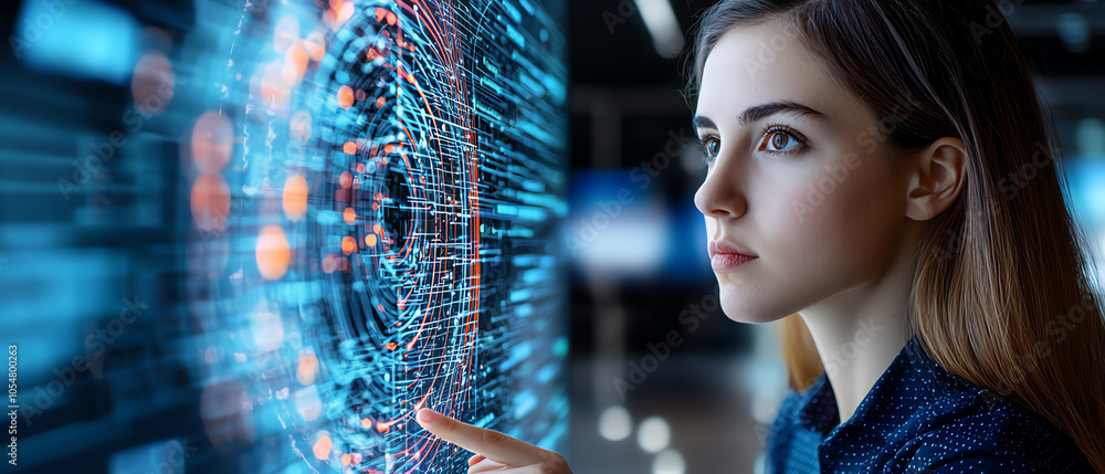 Poster exploring the future a young woman engaging with technology-driven projections and augmented data di