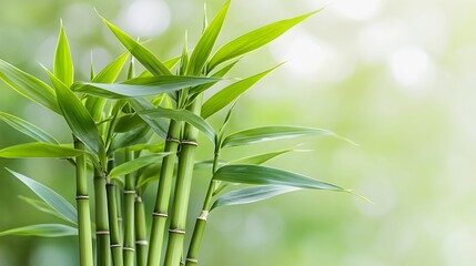 Fototapeta premium Lush green bamboo stalks thrive against a soft, blurred background, symbolizing strength, growth, and tranquility in nature.
