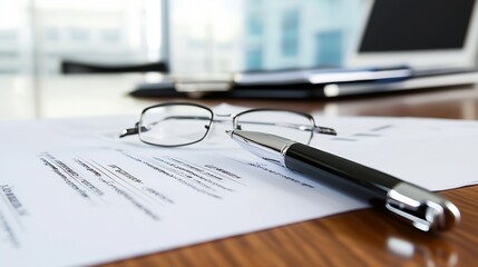 Professional Reading Glasses and Pen on Business Documents in Office : Generative AI