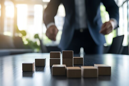 Businessman Strategizing with Wooden Blocks Game in Office Setting : Generative AI