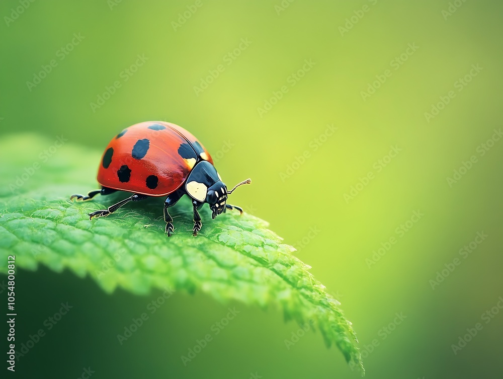 Poster bright red ladybug crawling on fresh green leaf in summer : generative ai
