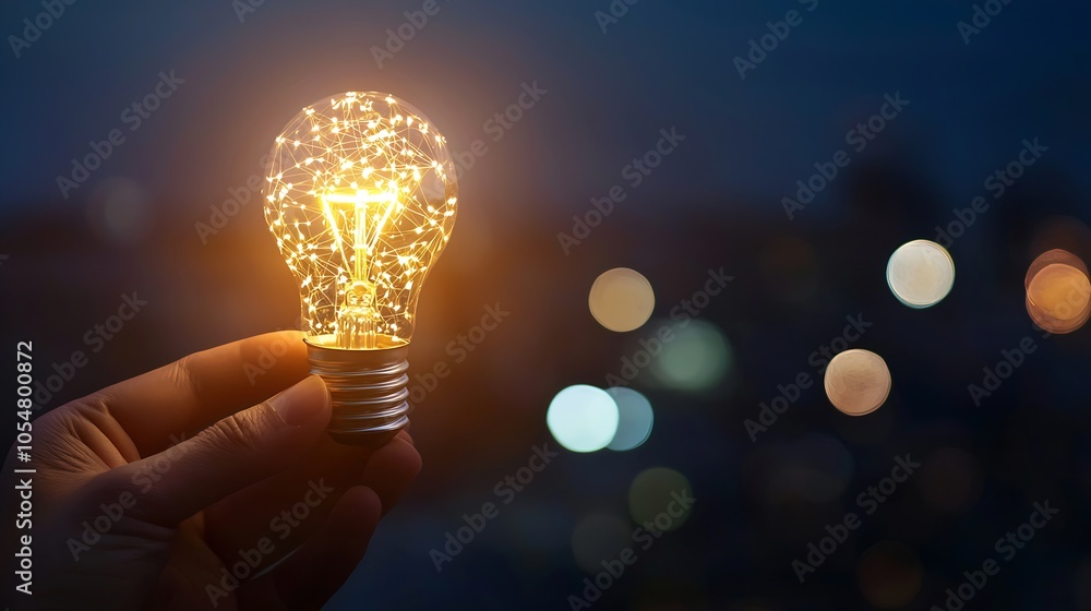 Aufkleber hand holding illuminated light bulb at night with bokeh background : generative ai
