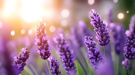 Obraz premium A close-up view of blooming lavender flowers bathed in warm sunlight, creating a serene and vibrant atmosphere.