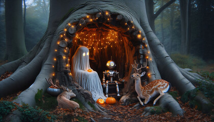 Halloween hollow tree refuge - Ghost and robot treating animals