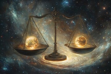 Two glowing scales hover in the middle of a swirling galaxy, each side holding a ball of radiant light and shadow