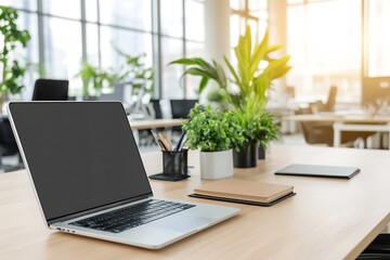 Fototapeta premium Minimalist office setting with sleek laptop and lush green plants on bright desk : Generative AI