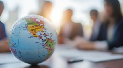 Close up of colorful globe in business meeting environment with diverse team blurred in background : Generative AI