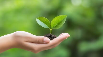Hopeful Hand with Soil and Young Plant Against Green Background for EcoFriendly Themes : Generative AI