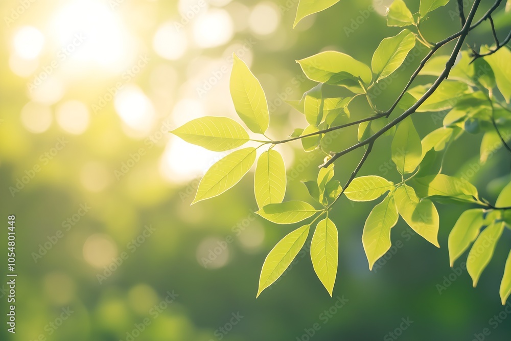 Aufkleber sunlit fresh green leaves on branch for serene natural spring background : generative ai
