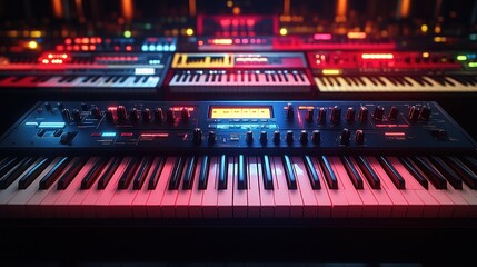 Fototapeta premium A colorful array of synthesizers and keyboards in a studio setting.