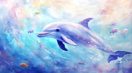 Soft pastel watercolor of a baby dolphin swimming with gentle fish in a dreamy sea