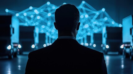 A silhouette of a man in a suit stands before blue-lit trucks, suggesting themes of technology, logistics, and innovation.