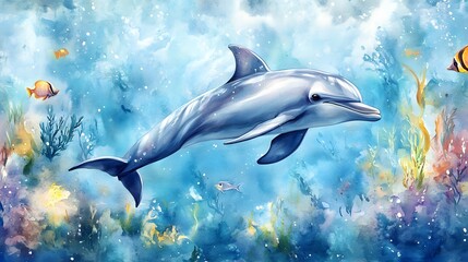 Soft pastel watercolor of a baby dolphin swimming with gentle fish in a dreamy sea