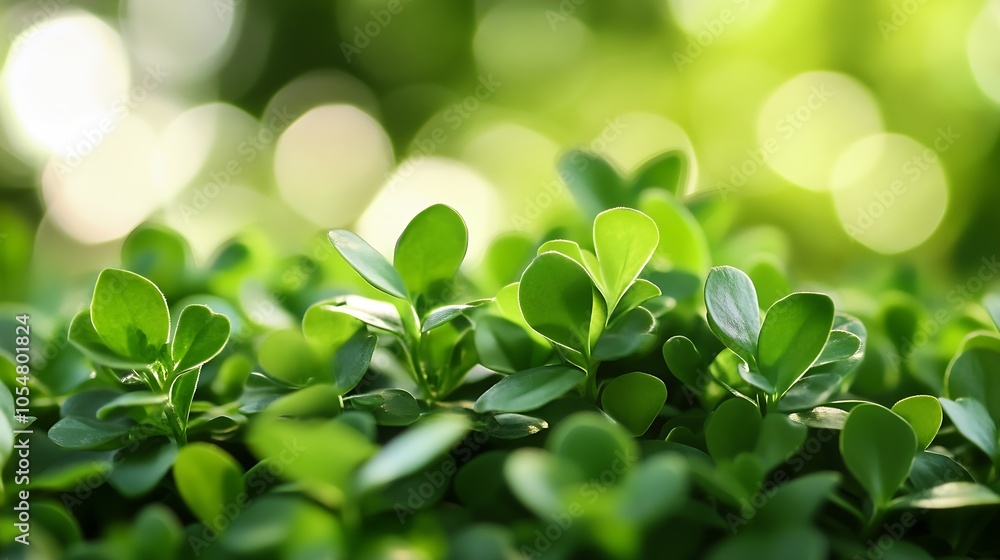Poster CloseUp of Lush Green Leaves with a Sparkling Light Bokeh Effect : Generative AI