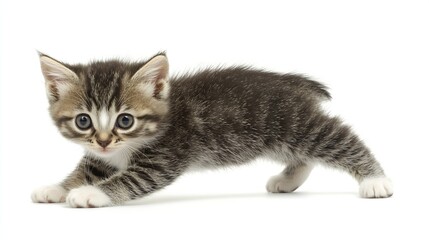 Energetic Tabby Kitten in Playful Pose on White Background Captivating Young Cat With Striking Stripes : Generative AI