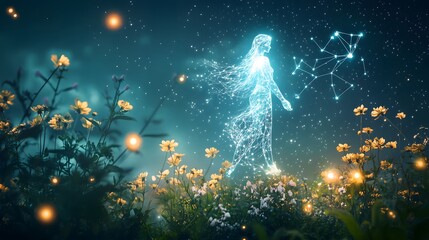 Virgo - Ethereal Goddess Floating in a Field of Stars A beautiful, graceful figure representing Virgo floats serenely among swirling stardust and blooming celestial flowers