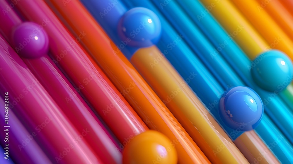 Poster vibrant multicolored wooden pencil arrangement with spheres in abstract pattern : generative ai